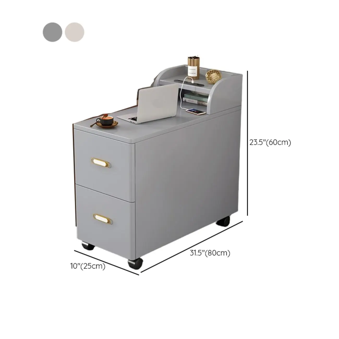 Narrow Rolling White 2-Drawer End Table with USB Charge