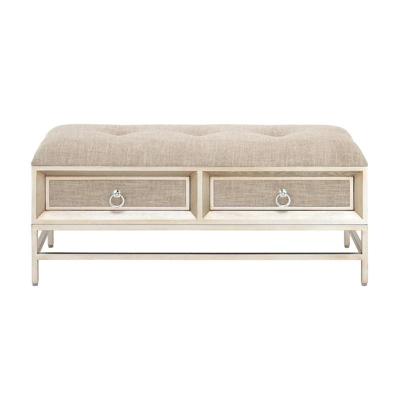 Linen Fabric Upholstered 2 Drawer Storage Bench with Tufted Seat and Ring Handles - Beige - Roche River Decor