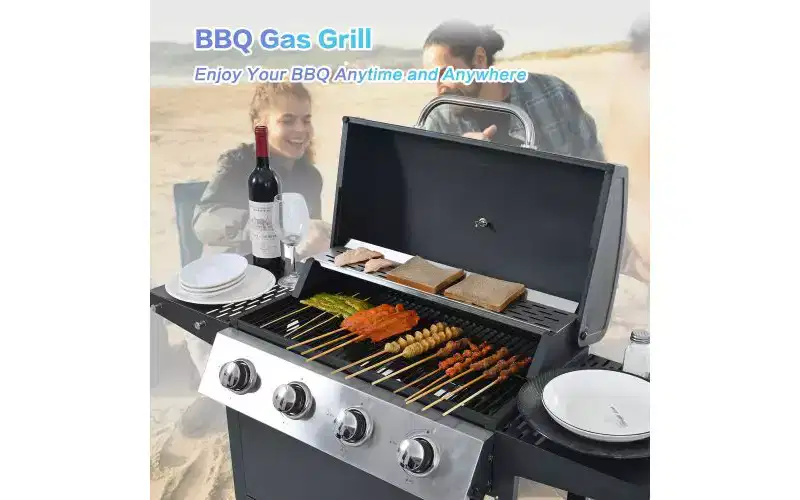 MASTGOAL Propane Gas Grill 4 Burner Barbecue Grill, Stainless Steel 34,000 BTU Patio Garden Barbecue Grill with Two Foldable Shelves