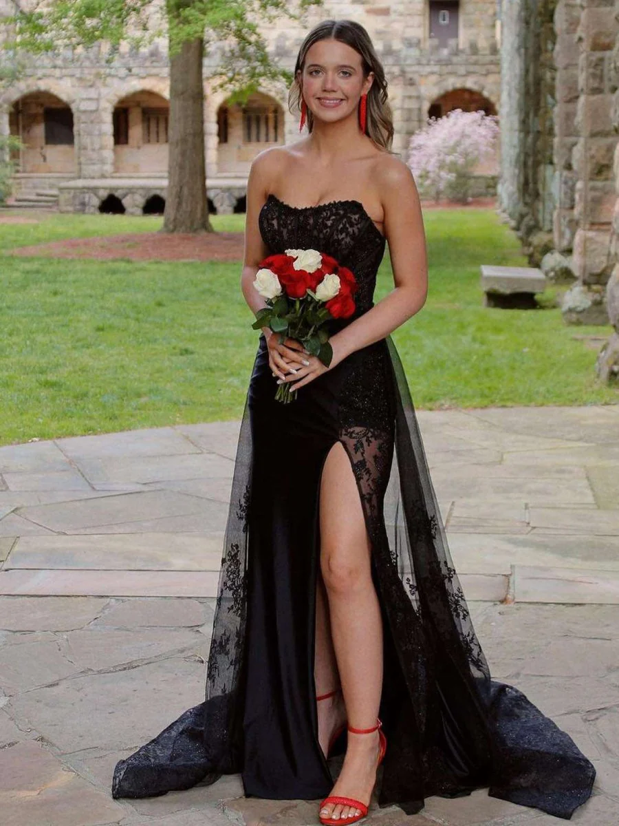 Mermaid Strapless Black Appliques Long Prom Dress with Slit