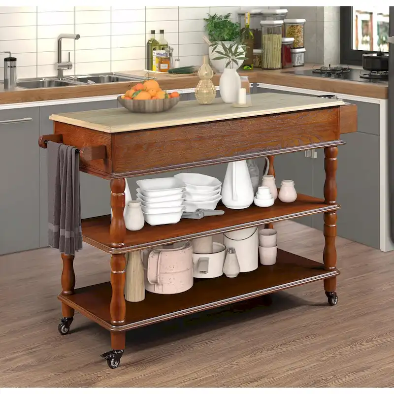 Rolling Kitchen Island Cart with Solid Oak Wood Top, Wine and Spice Rack