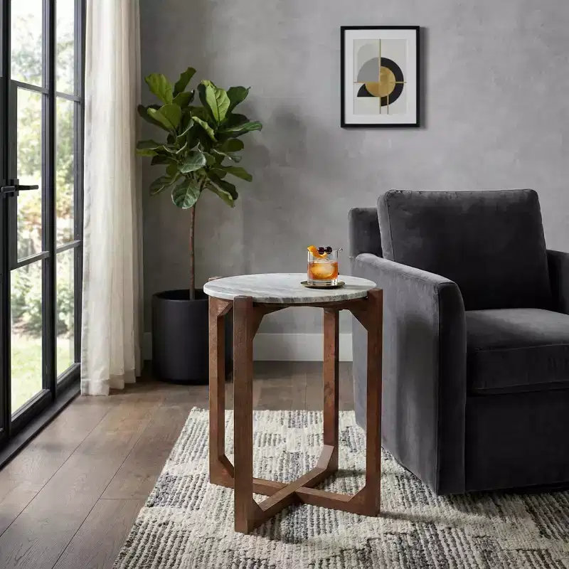Classic Round End and Side Table for Small Spaces - Marble Top and Metal Base for Living Room, Bedroom and Home Decor - 22, Ivory & Gray