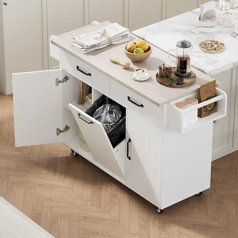 Kitchen island cart with trash bin storage cabinet, on wheels, with drop-leaf panel