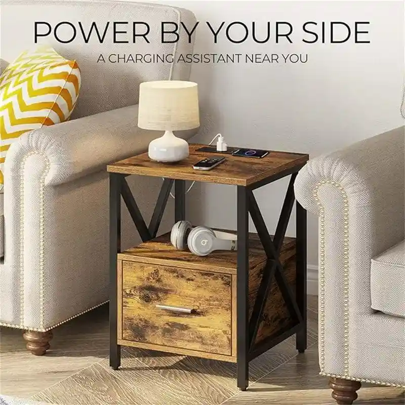 Black/Rustic Brown/White Farmhouse Side Table with Charging Station, Drawer & Shelves, 1-Person