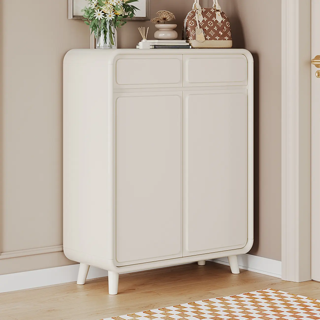 Entryway Solid Wood Shoe Cabinet in White