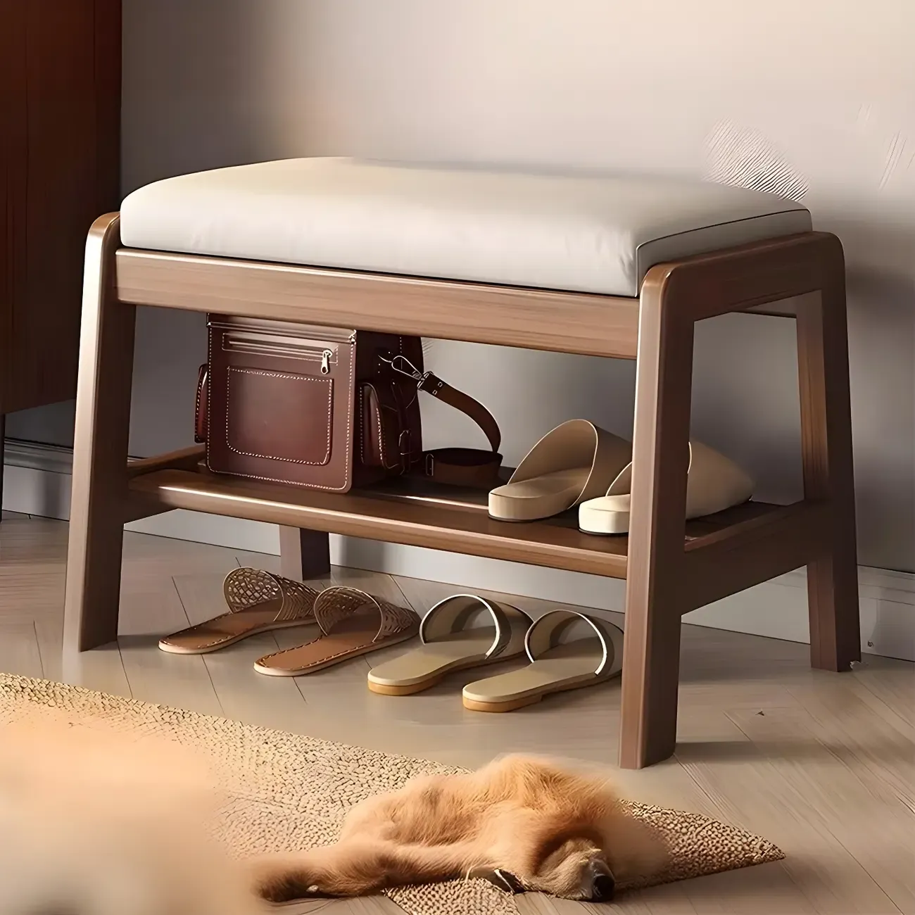 Entryway Solid Wood Cushioned Trapezoid Shoe Bench