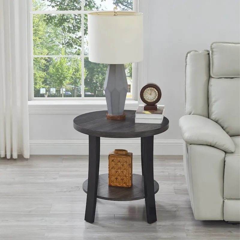 Modern style round wooden shelf coffee table - charcoal gray/white