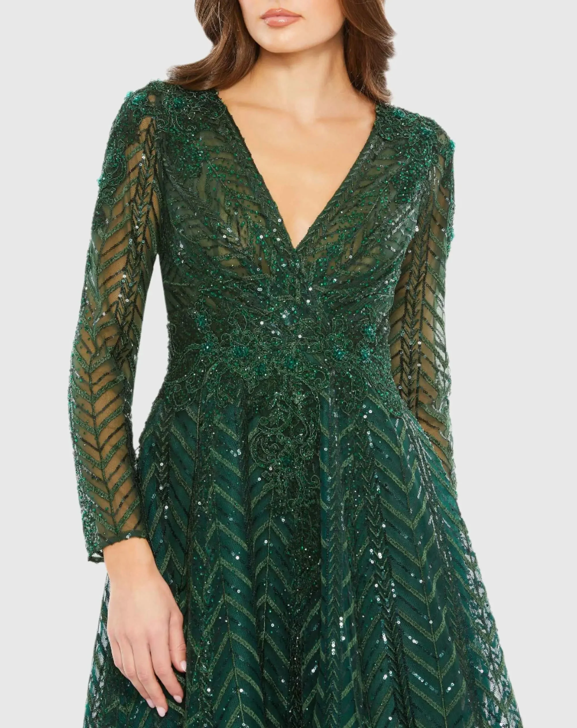 Green Embellished Long Sleeve Wrap Over Dress