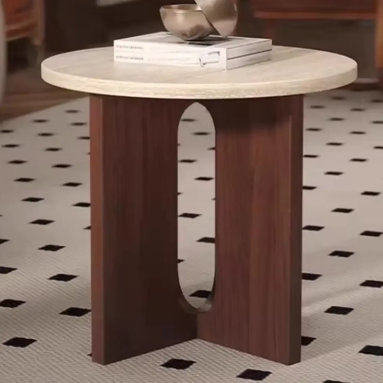Modern Travertine TOP Round Accent Table with Wood Base