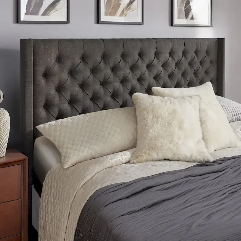 Beige/Grey/Dark Grey King Wingback Button-Tufted Linen Upholstered Headboard