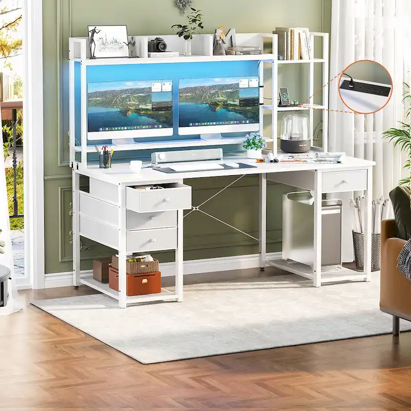 Gaming Desk with Hutch and Drawers, Office Computer Desk with Charge Station and LED Light