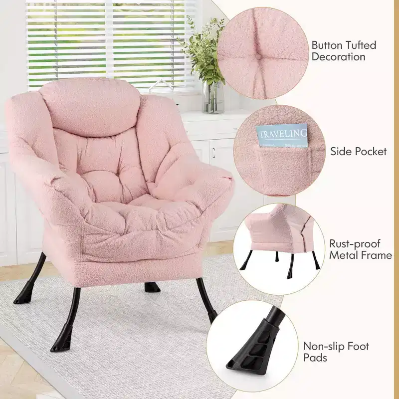 Costway Large Lazy Chair with Cozy Head Pillow Stylish Tufted Back & Seat Armrests Beige/Gray/Pink