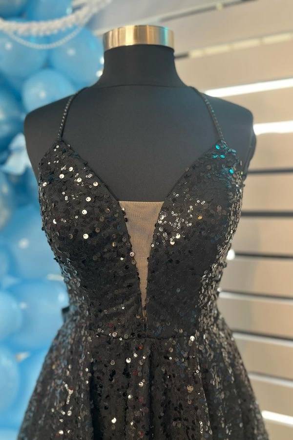 Black - Plunging V Neck Sequins A Line Homecoming Dresses With Bow