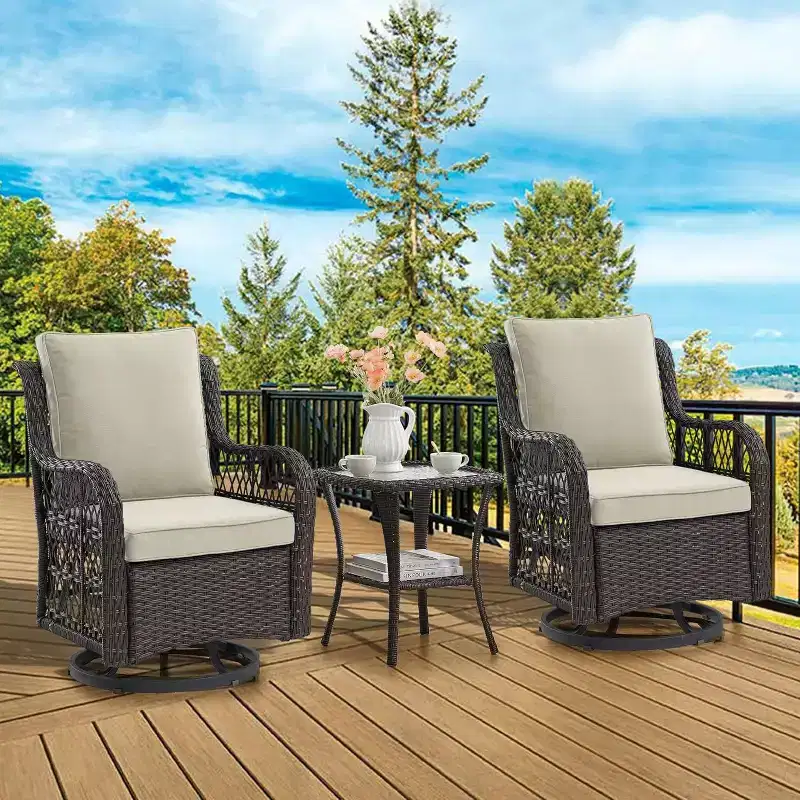 3 Piece Patio Swivel Rocking Chairs Set,360 Swivel with Glass Side Table & Comfortable Cushions,PE Wicker Outdoor Furniture for Deck,Porch and Pool