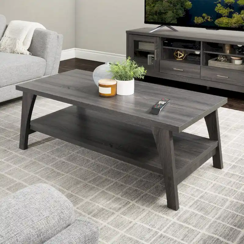 Dark Grey Mid-Century Modern Coffee Table with Storage Shelf