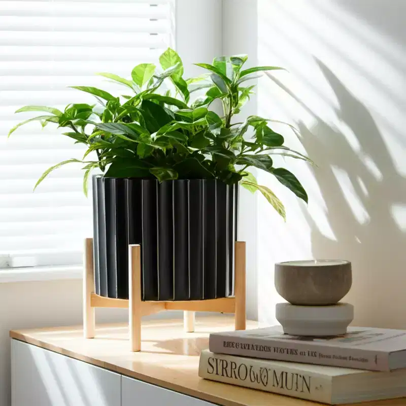 Ceramic Planter with Stand - Fluted Stoneware Pot and Pine Wood Base, Modern Decorative Plant Holder
