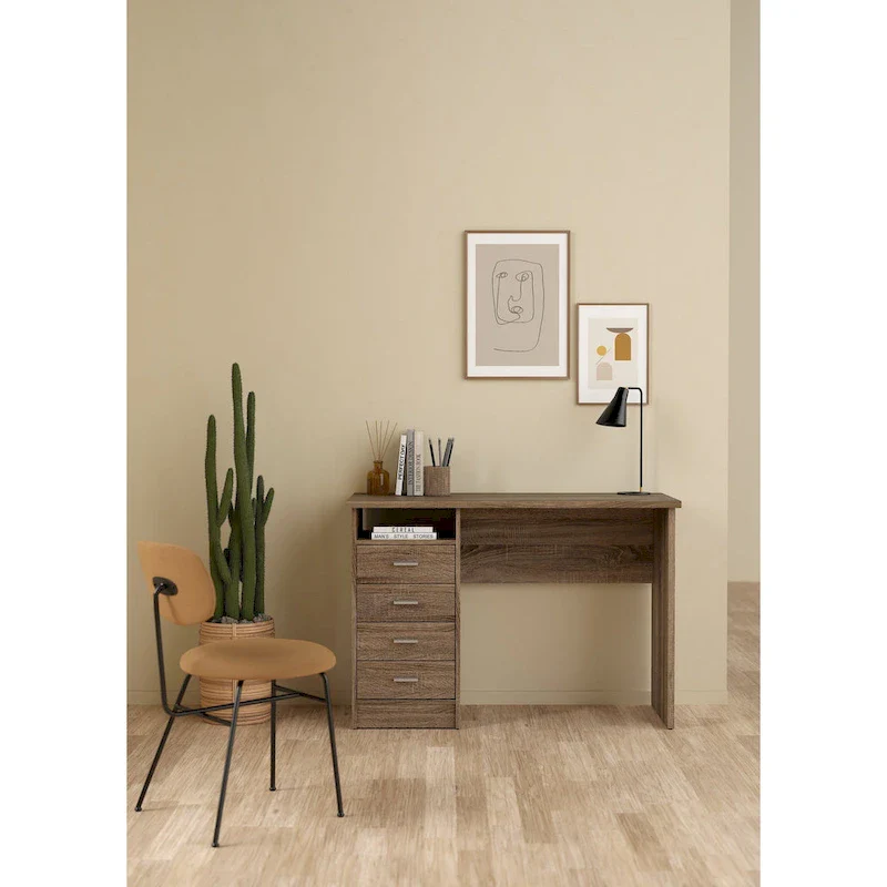 4-Drawer Home Office Desk with Open Shelf – Scandinavian Design, 43