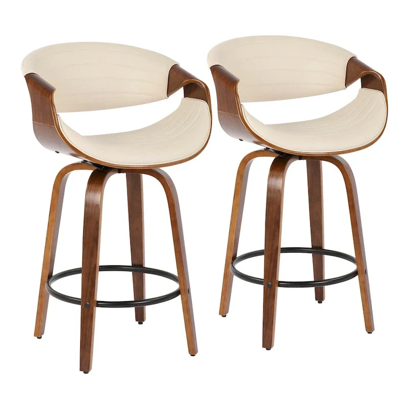 Faux Leather Counter Stool with Bent Wood Legs & Round Footrest (Set of 2)