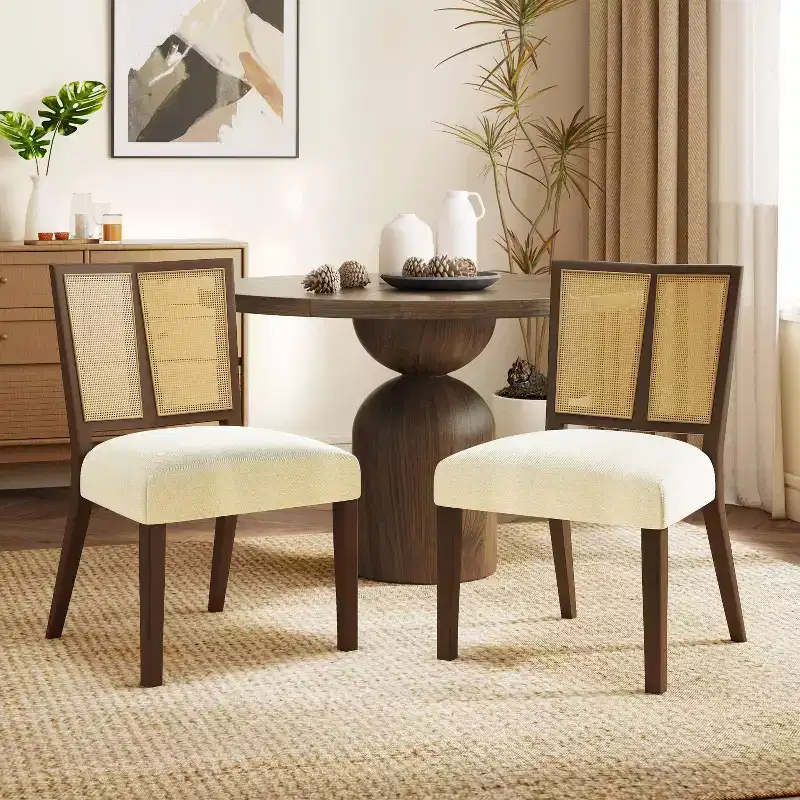 Christopher Knight Home Set of 2 Genesis Rubberwood Upholstered Dining Chairs with Cane Webbing Beige/Walnut