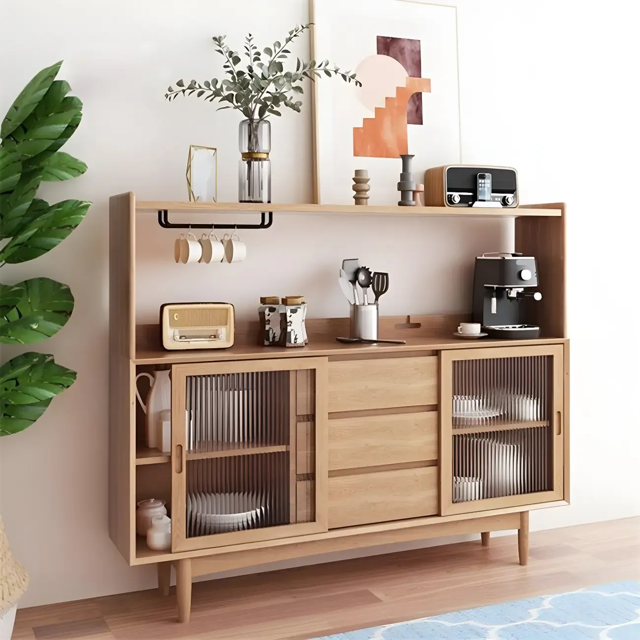 Natural Wood Glass Doors Storage Dining Hutch Cabinet
