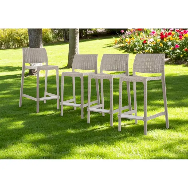 HomeRoots Set of Four 26  Taupe Faux Rattan Heavy Duty Plastic Low Back Outdoor Counter Height Bar Chairs