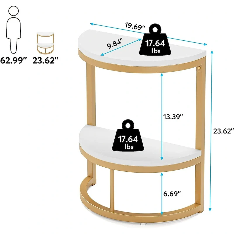 Half Round End Table, Narrow Side Table Slim C Table with Metal Frame