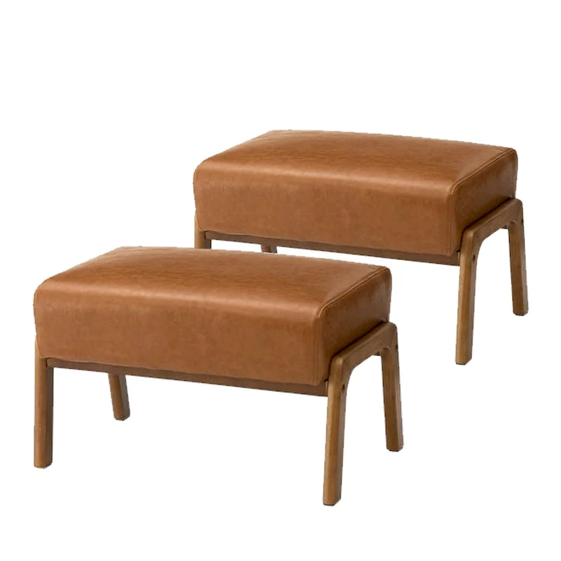 Brown Mid-Century Faux Leather Ottoman Accent Stool, Set of 2
