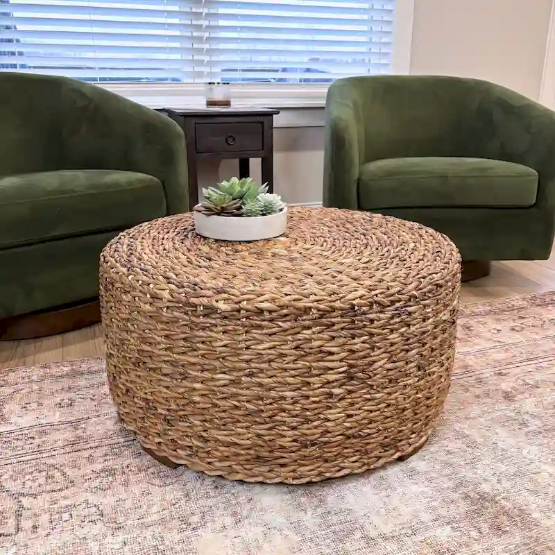 Hand-Woven Natural Abaca Wood Round Coffee Table Ottoman