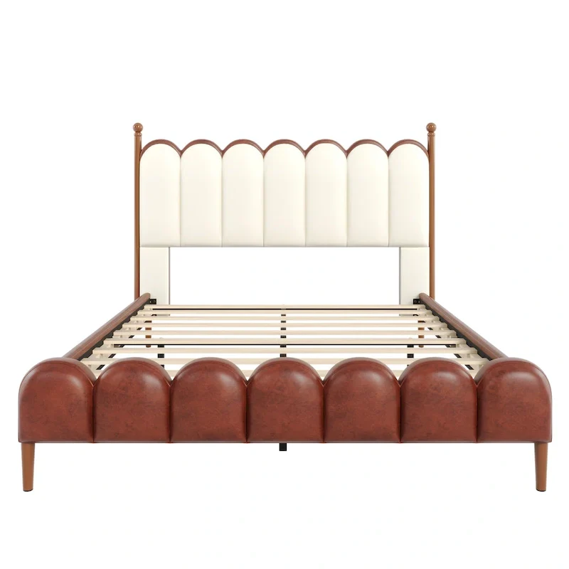 Leather Upholstered Bed with Headboard & Footboard, Solid Wood Slats & Legs