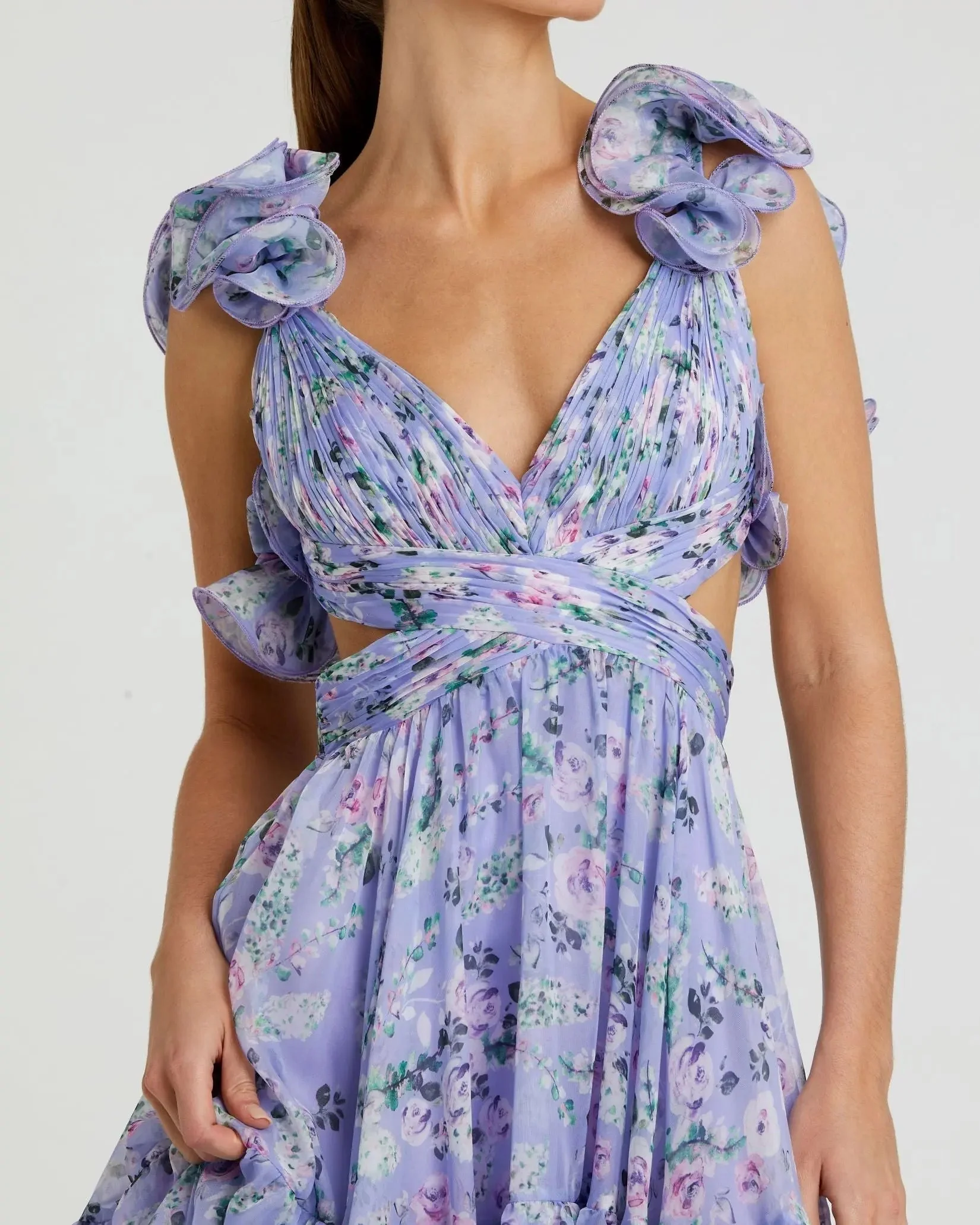 Purple Ruffle Tiered Floral Chiffon Midi Dress