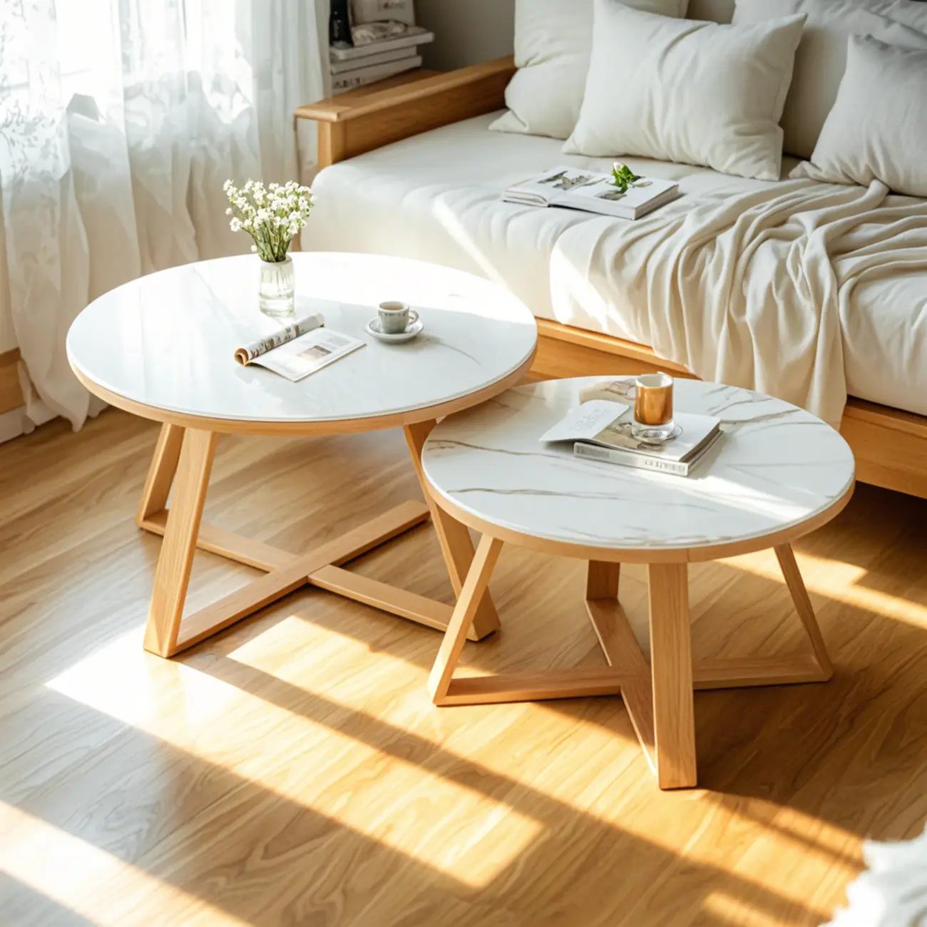 Modern Marble Round 2 Nesting Coffee Table Set with Wood Base