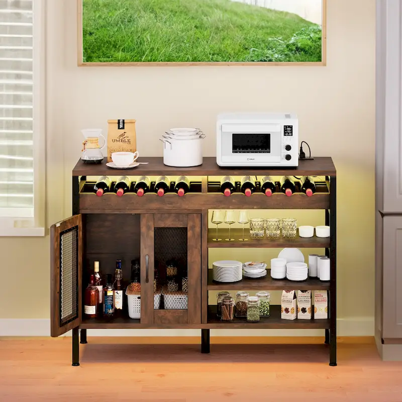 Moasis 47 Wine Bar Cabinet with Power Outlets and LED Lights Industrial Coffee Bar Cabinets - 47.2L x 15.7W x 33.4H