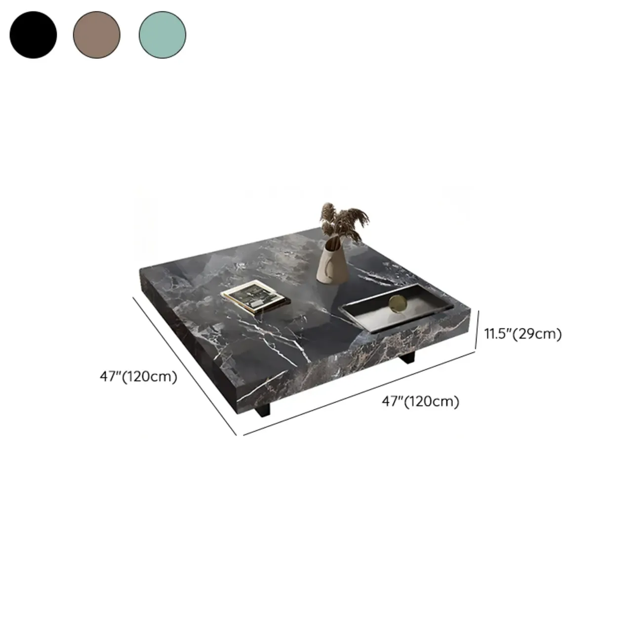 Modern Low Stone Square Coffee Table with Double Pedestal