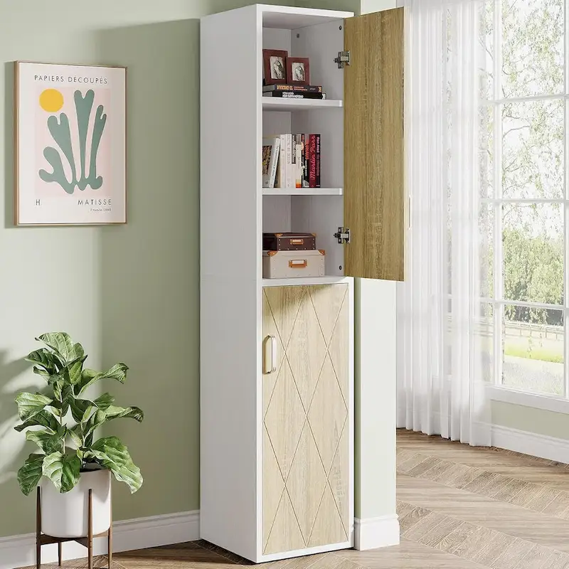 Tall Storage Cabinet - White & Natural - 6 Shelves