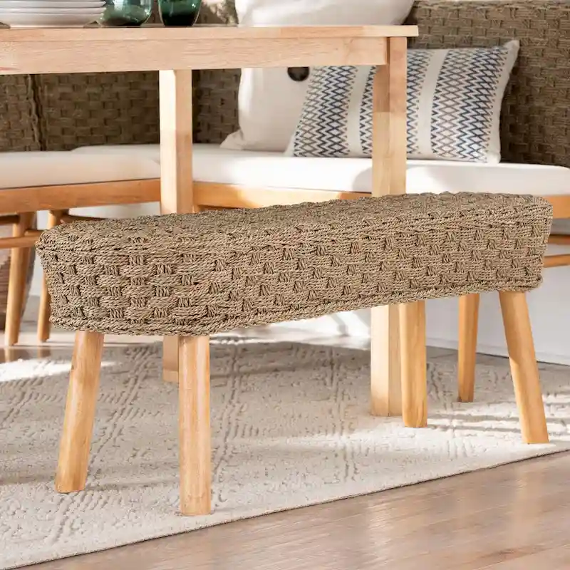 Denver Modern Bohemian Natural Seagrass and Acacia Wood Accent Bench