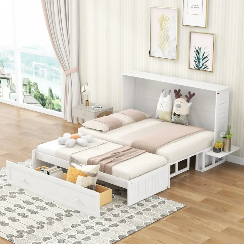 White Queen Size Mobile Murphy Bed with Drawer & Side Shelves