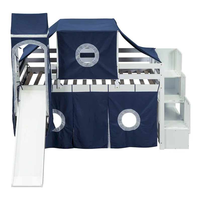 Twin Pine Loft Bed with Staircase, Slide, Tent, Tower, and Guardrail