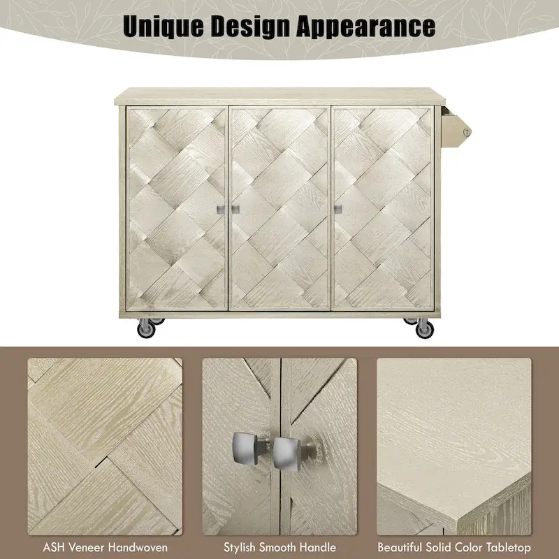 51.2W Ash Veneer Solid Wood Handwoven Kitchen Island With Drop Leaf(no include stool)