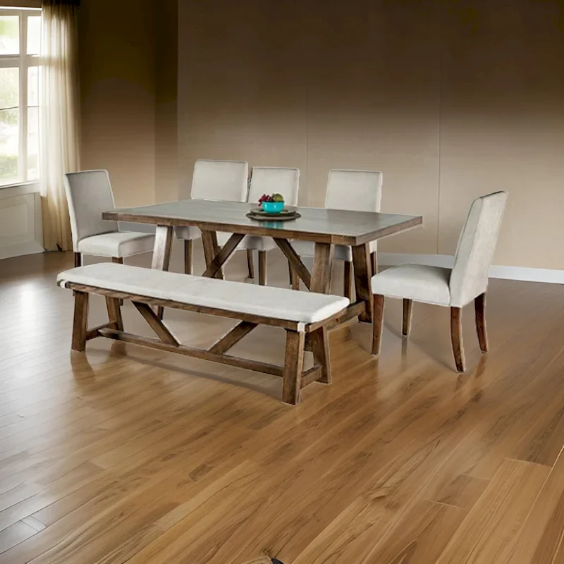 7-Piece Dining Table, Chairs and Bench with White Seat, Brown Rectangular