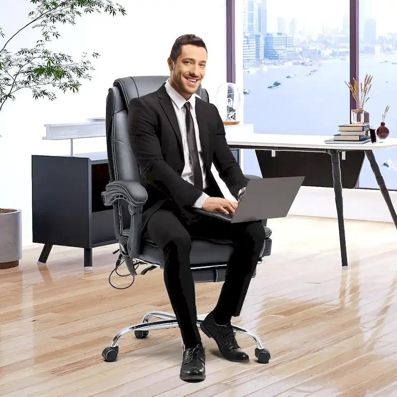 Ergonomic Heated Executive Office Chair with 2/4/6-Point Massage, Retractable Footrest, and PU Leather