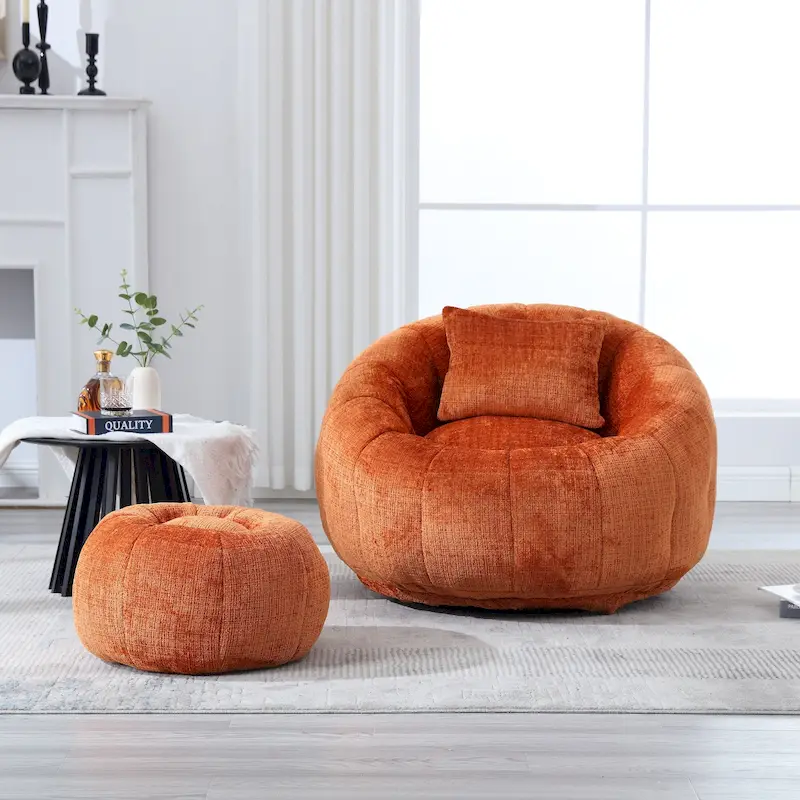 HOMEFUN Chenille Upholstered Round Lazy Cozy Bean Bag Chair with Ottoman and a Pillow