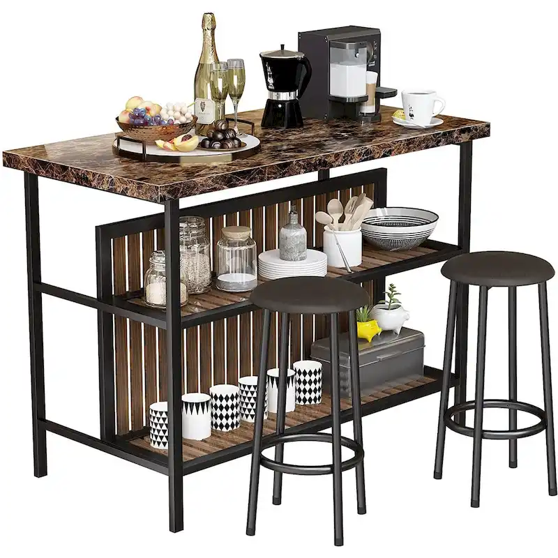 Mieres Kitchen Island with 2 Stools and Open Shelves