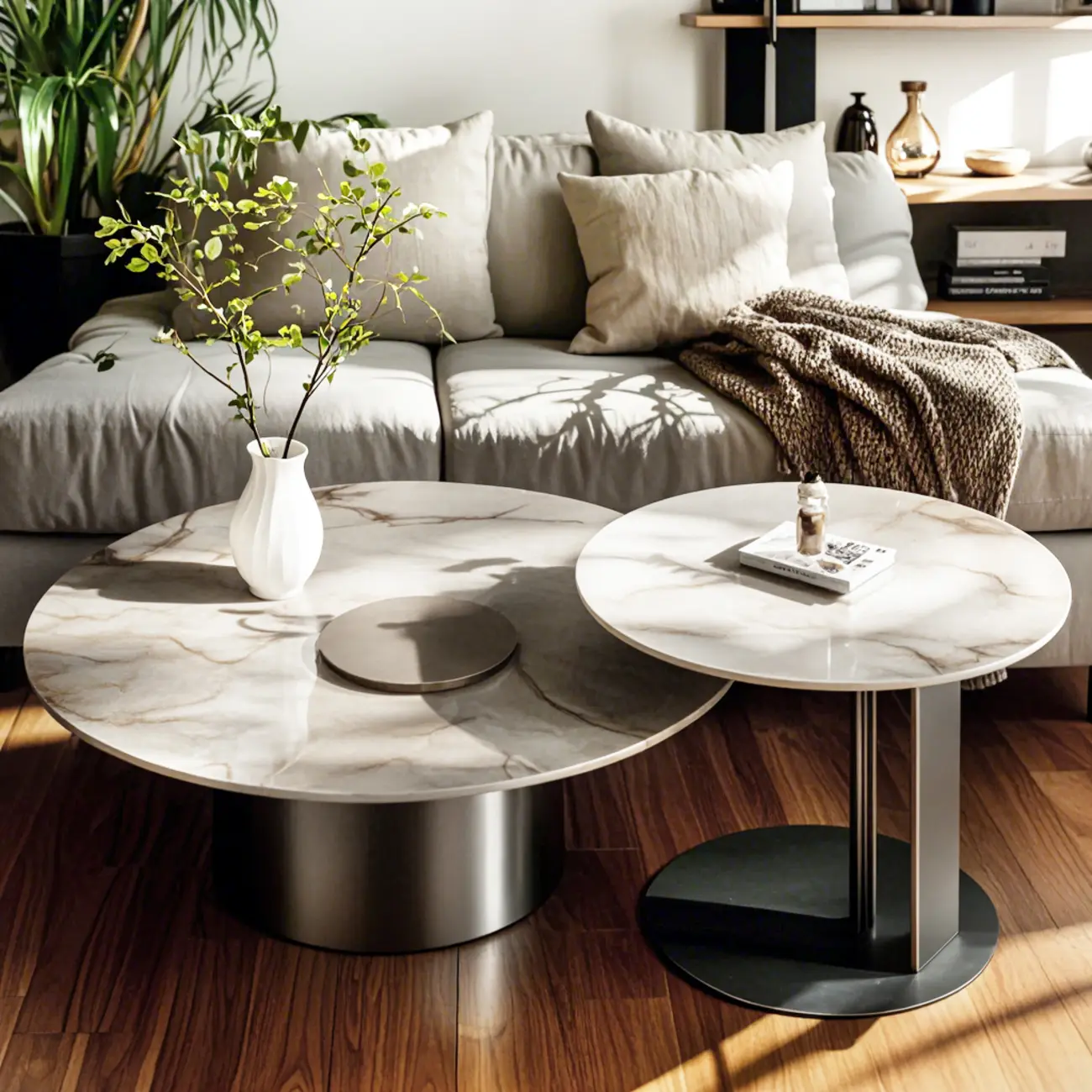 Modern Gray Round Nesting Coffee Table Set with Marble Top