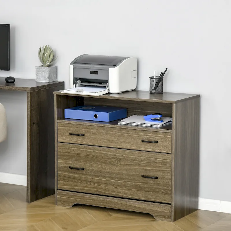 Lateral File Cabinet with Open Display Shelf & 2 Drawers, Fits Letter Size, Charcoal Grey