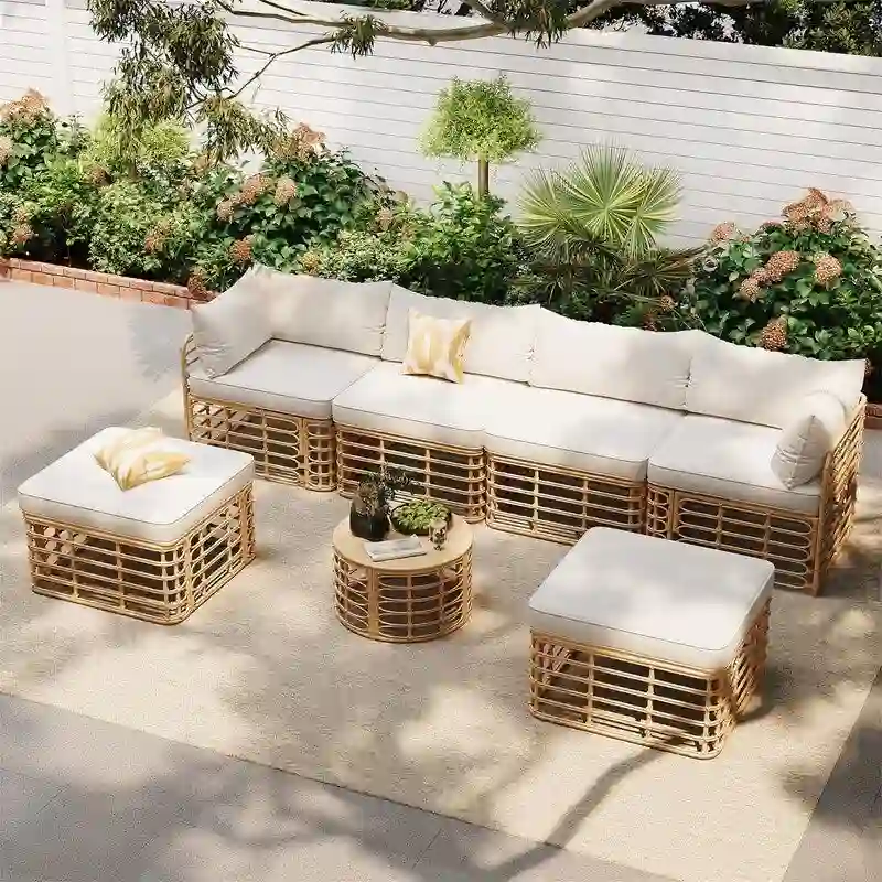 7 Pieces Outdoor Patio Furniture Set with Coffee Table, All-Weather Rattan Sectional Sofa Set with Thick Cushions and Pillows