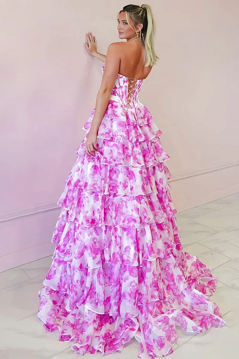 Pink - A-Line Floral Chiffon Strapless Ruffled Beaded Long Prom Dresses with Slit