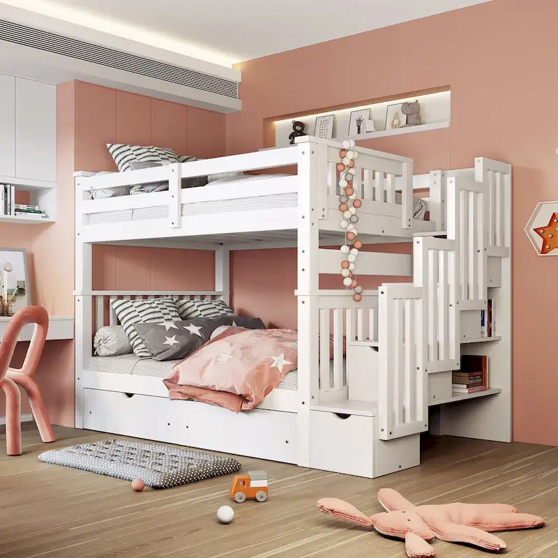 White Full Over Full Staircase Bunk Bed with Drawers & Shelves, Sleeps 2
