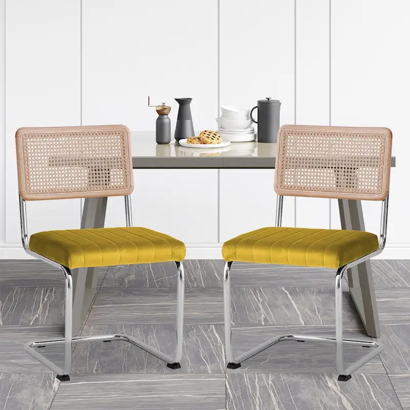 Velvet Upholstered Rattan Dining Chairs Set of 2/4