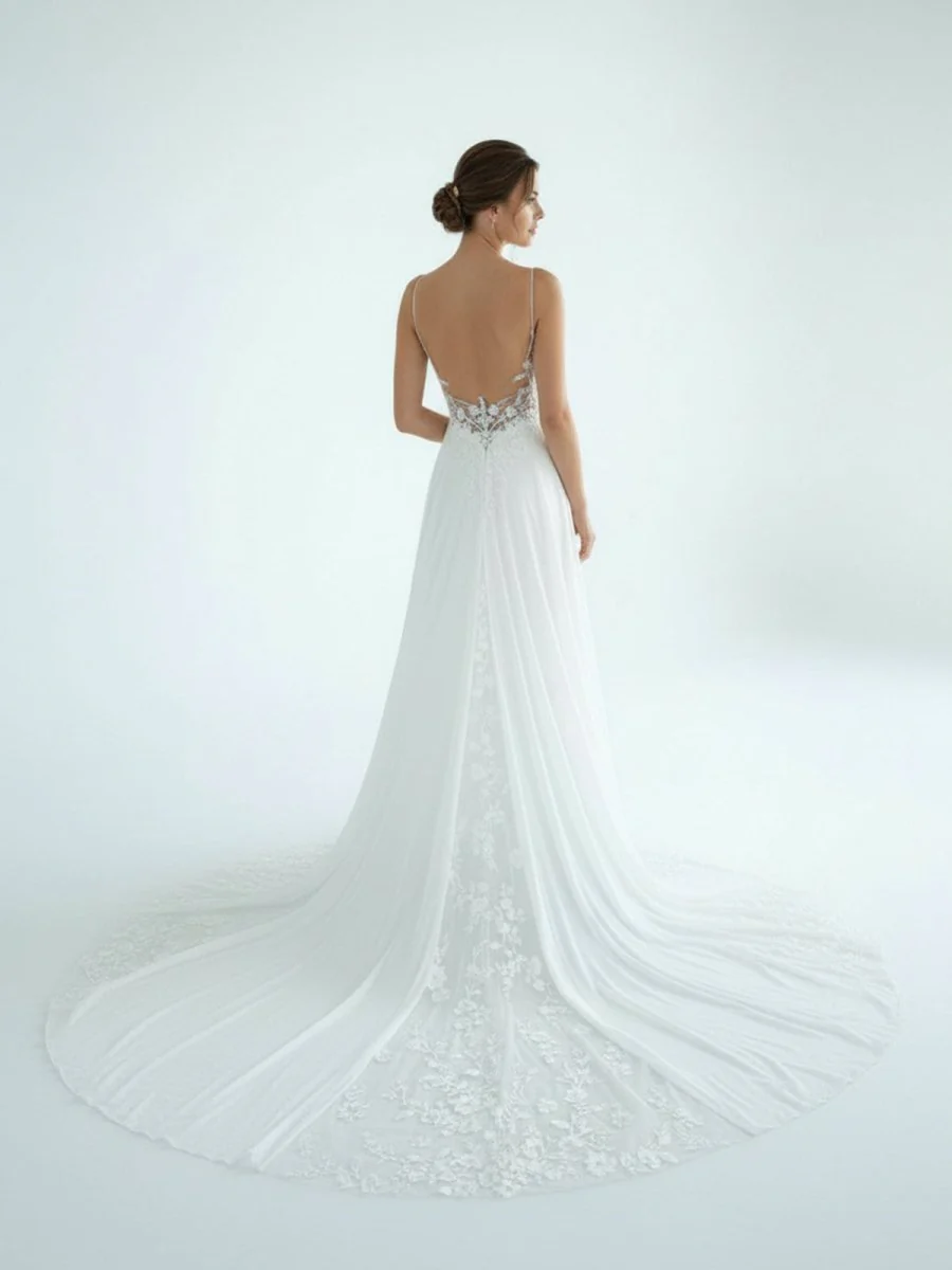 A-Line V Neck Chiffon Boho White Appliques Wedding Dresses