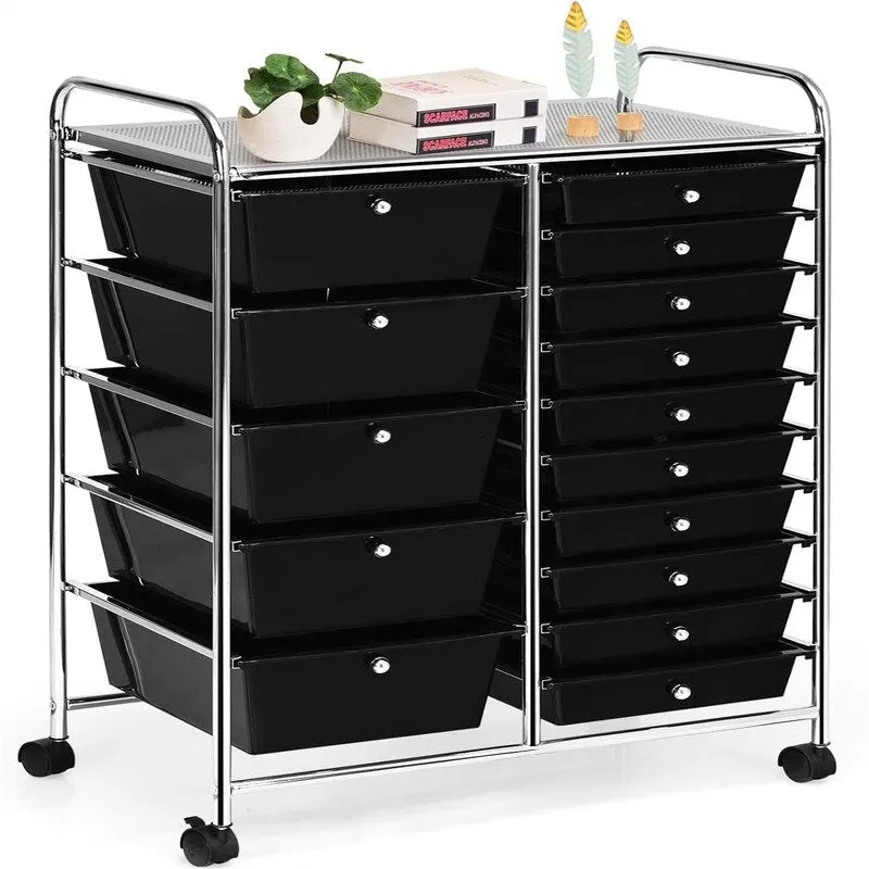 Colorful/Yellow/Black/Clear Steel 15-Drawer Rolling Storage Cart with Lockable Wheels